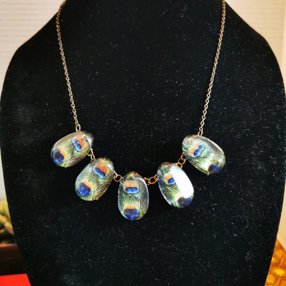 Antiqued Bronze Tone Chunky Peacock Feather Necklace - Picture 1 of 16